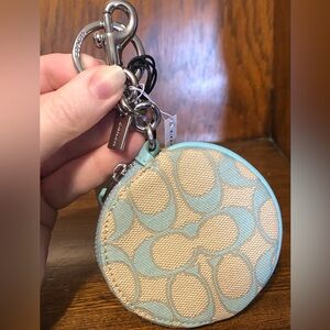NWT-Coach-Circular Coin Pouch/Keyfob/Charm-Signature Jacquard-Faded Blue-$128